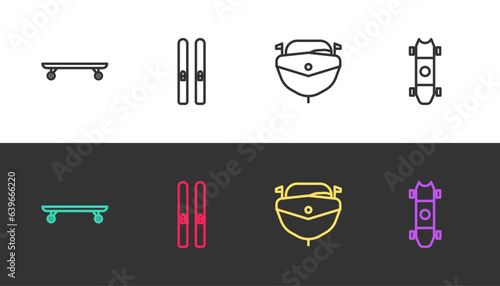 Set line Longboard or skateboard, Ski and sticks, Speedboat and on black and white. Vector