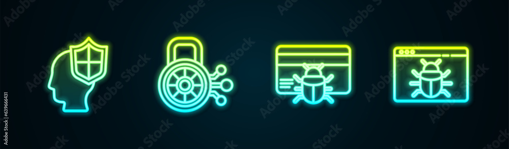 Set line Head with shield, Cyber security, System bug in credit card and . Glowing neon icon. Vector Set line Head with shield, Cyber security, System bug in credit card and . Glowing neon icon. Vector