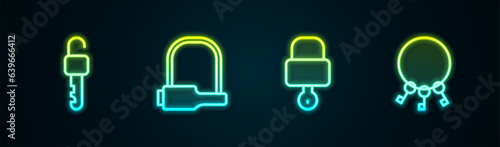 Set line Unlocked key, Bicycle, Lock and and Bunch of keys. Glowing neon icon. Vector