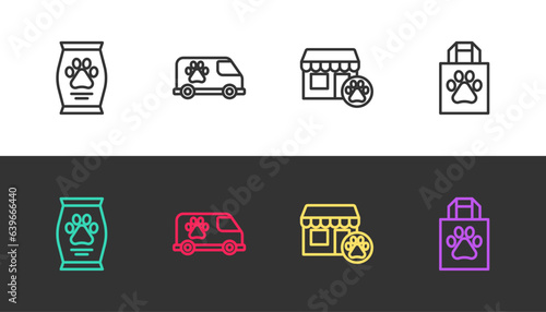 Set line Bag of food, Veterinary ambulance, hospital and Shopping bag pet on black and white. Vector