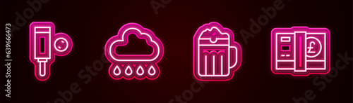Set line Wood cricket bat and ball, Cloud with rain, Wooden beer mug and Pound sterling money. Glowing neon icon. Vector