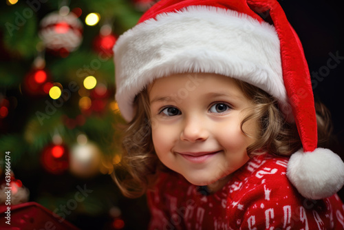 Young girl in red santa hat posing next to christmas tree, smiling, portrait