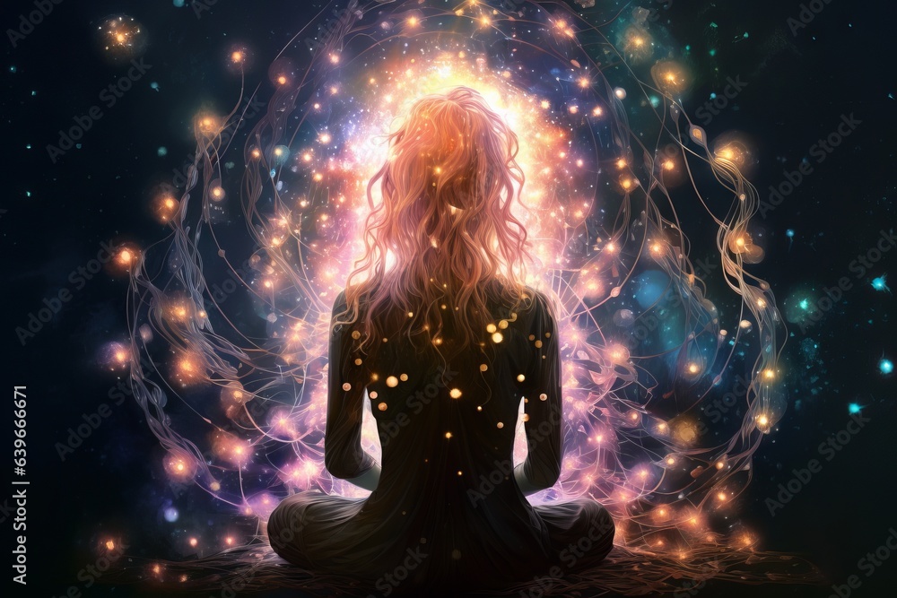 serenity in cosmic embrace, meditation in fractal beauty, Generative AI