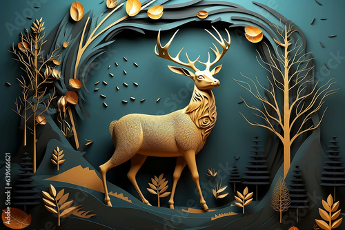 3d abstraction modern and creative interior mural wall art wallpaper with dark green and golden forest trees, deer animal wildlife with birds, golden moon and waves mountains.
