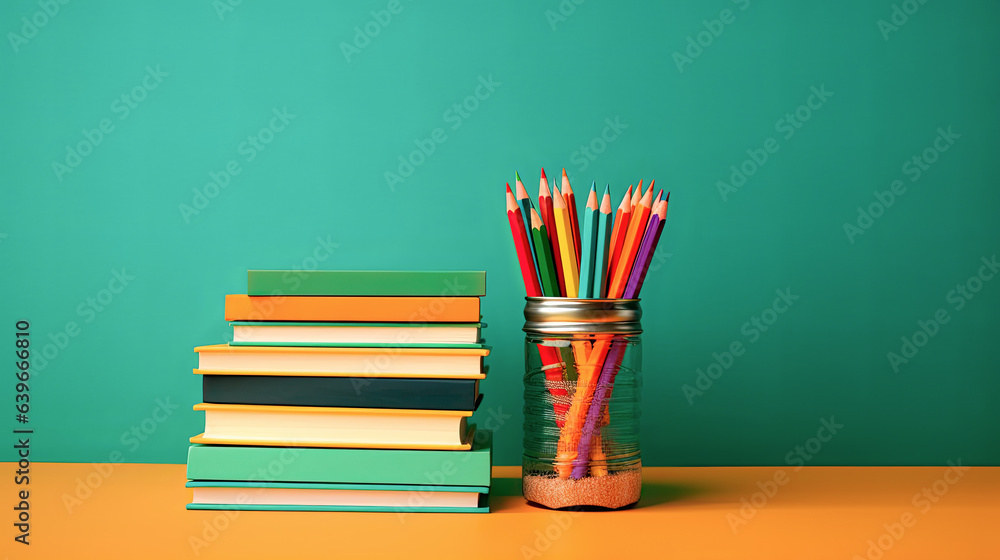 conjunto de libros junto lapiceros en portalápices de colores sobre mesa y fondo de color verde, con maceta pequeña con planta - obrazy, fototapety, plakaty 