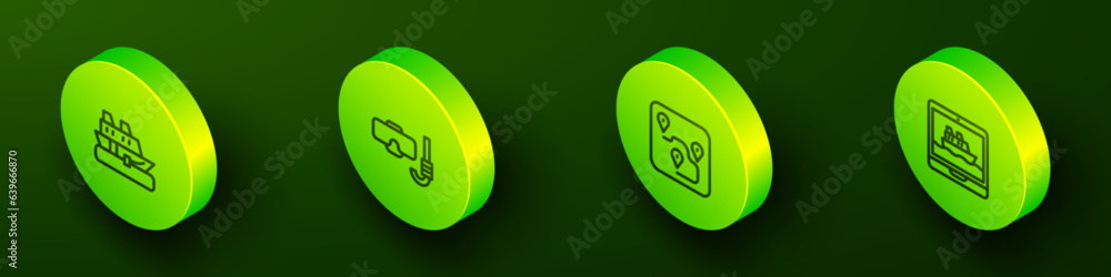 Set Isometric line Cruise ship, Diving mask and snorkel, Route location and icon. Vector Set Isometric line Cruise ship, Diving mask and snorkel, Route location and icon. Vector