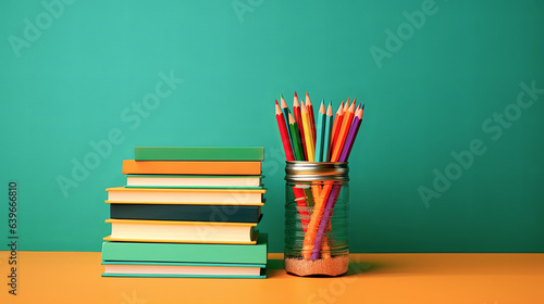 conjunto de libros junto lapiceros en portalápices de colores sobre mesa y fondo de color verde, con maceta pequeña con planta photo