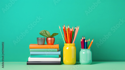 conjunto de libros y lapiceros en portalápices de colores amarillo y turquesa sobre mesa y fondo de color verde, con maceta pequeña con planta. Concepto de estudio, vuelta al cole photo
