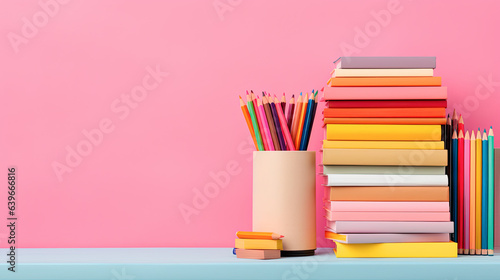 conjunto de libros junto lapiceros en portalápices de colores sobre mesa y fondo de color rosa photo