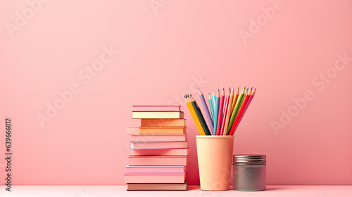 conjunto de libros junto lapiceros en portalápices de colores sobre mesa y fondo de color rosa photo