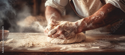 manos de panadero amasando masa para hacer pan embadurnado de harina, sobre mesa de madera, concepto de pequeño negocio photo
