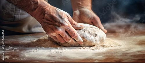 manos de panadero amasando pan embadurnado de harina, sobre mesa de madera photo