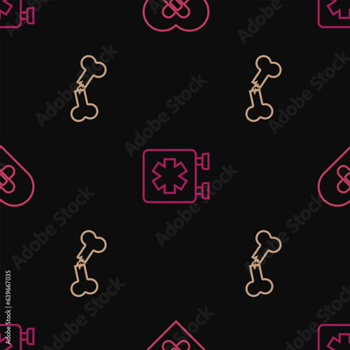 Set line Healed broken heart, Human bone and Medical symbol of the Emergency on seamless pattern. Vector