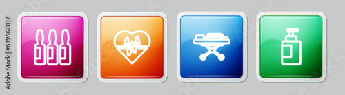 Set line Medical vial, ampoule, Heart rate, Stretcher and Hand sanitizer bottle. Colorful square button. Vector