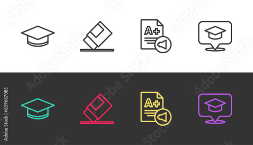 Set line Graduation cap, Eraser or rubber, Exam sheet with A plus grade and in speech bubble on black and white. Vector