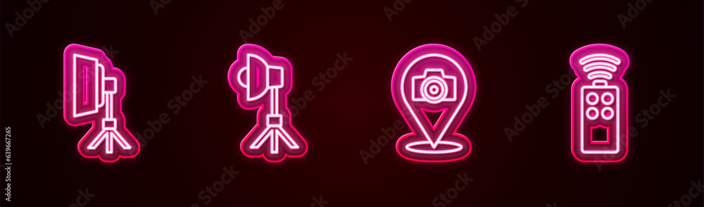 Set line Softbox light, , Photo camera and Remote control for. Glowing neon icon. Vector Set line Softbox light, , Photo camera and Remote control for. Glowing neon icon. Vector