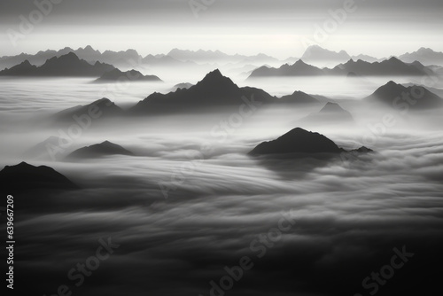 Black and white of a mountain range covered in fog, shrouded in fog, with only the peaks visible, thick and flowing, dreamlike atmosphere