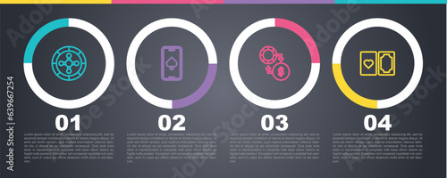 Set line Casino roulette wheel, Online poker table game, chips exchange on money and Deck of playing cards. Business infographic template. Vector