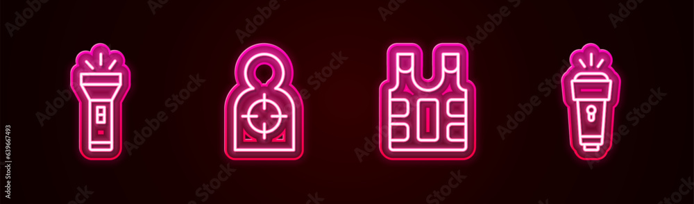 Set line Flashlight, Human target sport for shooting, Bulletproof vest and . Glowing neon icon. Vector Set line Flashlight, Human target sport for shooting, Bulletproof vest and . Glowing neon icon. Vector