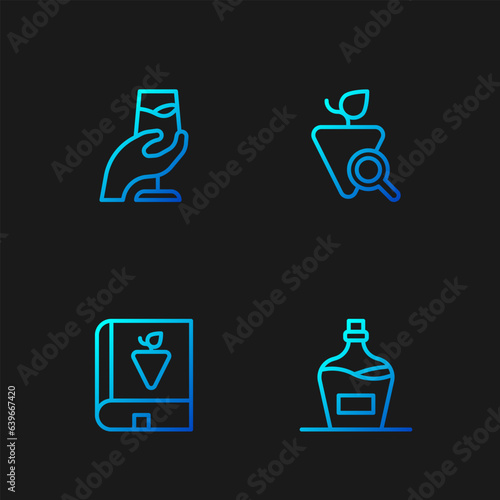 Set line Old bottle of wine, Book about grapes, Wine tasting, degustation and Grapes. Gradient color icons. Vector