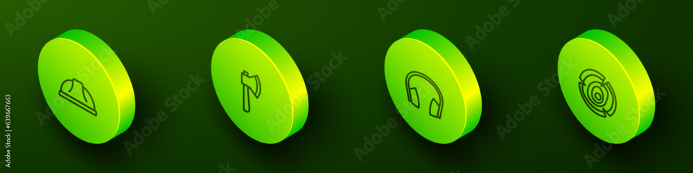 Set Isometric line Worker safety helmet, Wooden axe, Headphones and logs icon. Vector Set Isometric line Worker safety helmet, Wooden axe, Headphones and logs icon. Vector