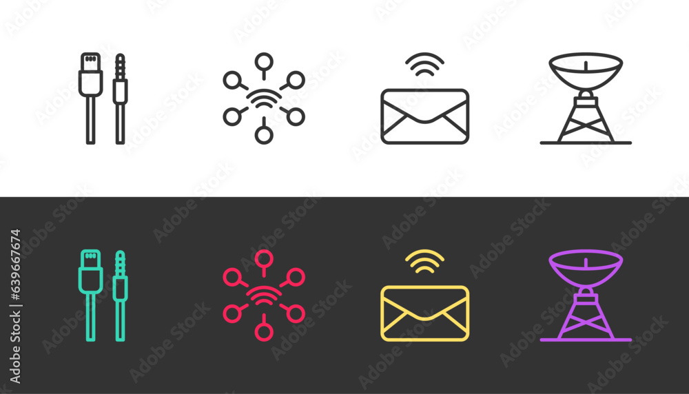 Set line USB cable cord, Network, Mail and e-mail and Satellite dish on black and white. Vector Set line USB cable cord, Network, Mail and e-mail and Satellite dish on black and white. Vector