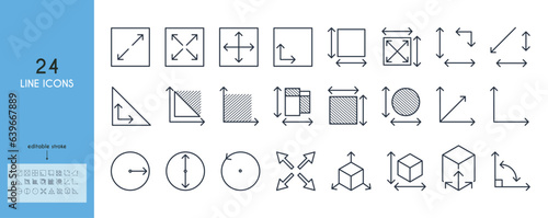 Measurement of dimension, area, perimeter line icon set. cube, square, triangle, angle, circle, office, tools, floorplanning, corner, place, scale, quantity, notation, meter, metrics. Outline sings.