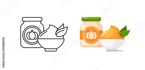 Baby food icons with pumpkin puree in glass jar and bowl. Vector outline and colorful illustrations of healthy nutrition for infants in container with label. Kids food from vegetables in bottle