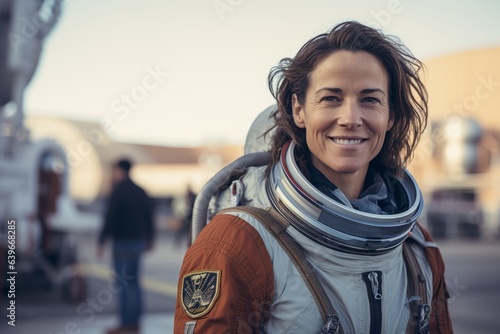 Portrait of a beautiful woman wearing an astronaut helmet and looking at the camera