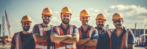 Professional construction workers team photo at construction site, concept of business teamwork and collaboration, background banner or header