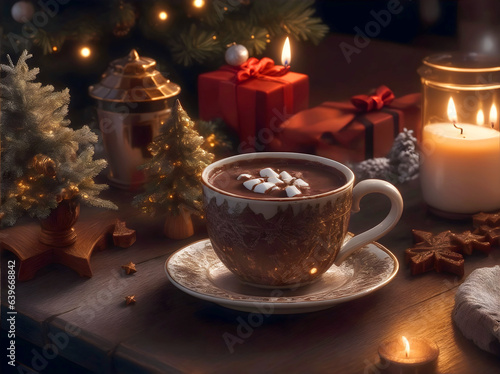 Christmas drink, hot chocolate with marshmallows, gifts, candles, fir tree. New year greeting card, postcard, background.