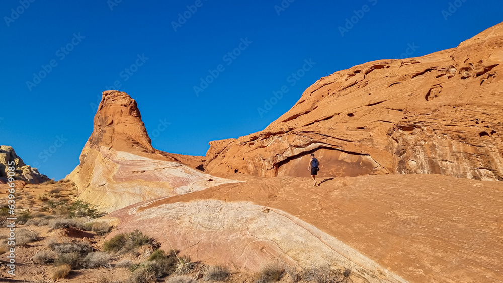 Man climbing striated red and white rock formations along the White Domes Hiking Trail in Valley of Fire State Park in Mojave desert, Nevada, USA, America. Unique natural landmark shaped like a spire