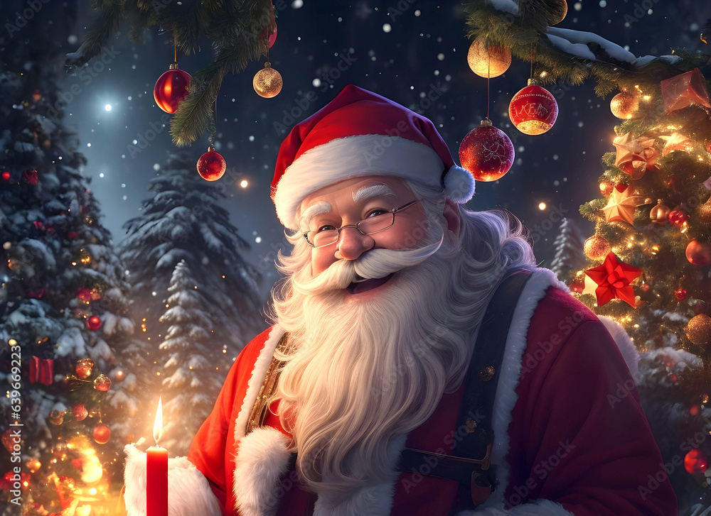 Santa claus smiling portrait in a magic forest with christmas trees, decorations, candles. New year potcard, greeting card, background. Santa claus smiling portrait in a magic forest with christmas trees, decorations, candles. New year potcard, greeting card, background.