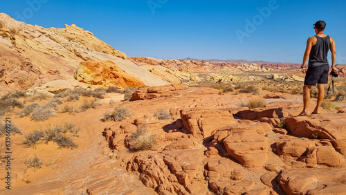 Rear view of man at Silica Dome viewpoint overlooking the Valley of Fire State Park in Mojave desert, Nevada, USA. Landscape of Aztek sandstone rock formations. Hot temperature in arid vegetation