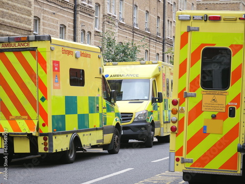 Photography Several Emergency Ambulances Parked on a UK City Street - Major Incident - 999 -