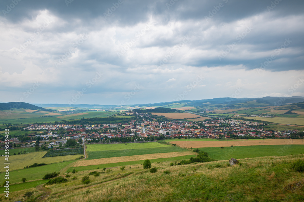 View of the town of Spišské Podhradie in the hilly countryside of northern Slovakia