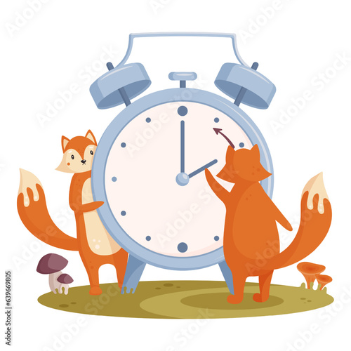Daylight Saving Time concept. Autumn landscape with foxes, the hand of the clocks turning to winter time. Vector illustration in modern cartoon style.