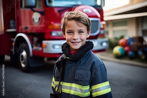 Portrait of smiling firefighter standing in front of fire truck at school
