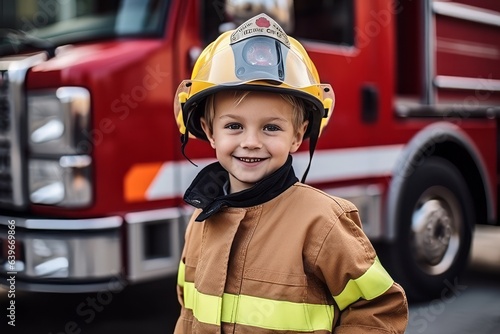 Portrait of smiling firefighter with helmet standing in front of fire truck
