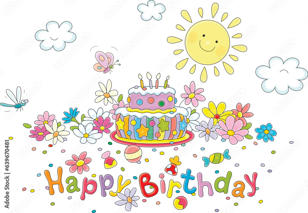 Naklejka premium Happy birthday card with a smiling Sun, a merry butterfly and a funny dragonfly flying around a fancy cake and pretty colorful flowers, vector cartoon illustration on a white background