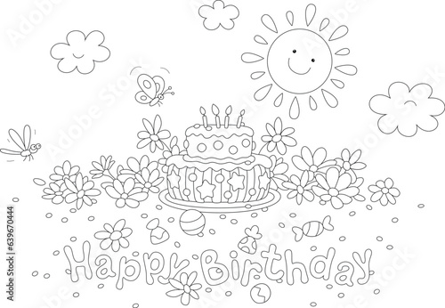 Happy birthday card with a smiling Sun, a merry butterfly and a funny dragonfly flying around a fancy cake and pretty flowers, black and white outline vector cartoon illustration for a coloring book