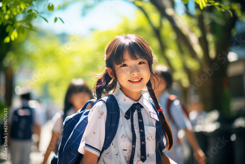 Happy japanese schoolgirl in uniform goes to school on a sunny day. 