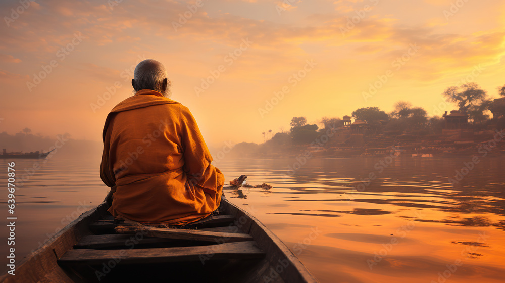Old Man's Contemplative Sunset Cruise on the Ganges. Generative AI - obrazy, fototapety, plakaty 