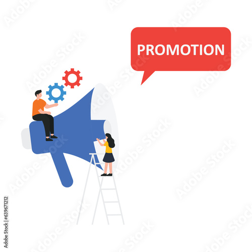 Professional speaker with megaphone Tiny people creative trainees or company members listening to the performance to skilled coach or senior colleague Vector illustration flat design style 