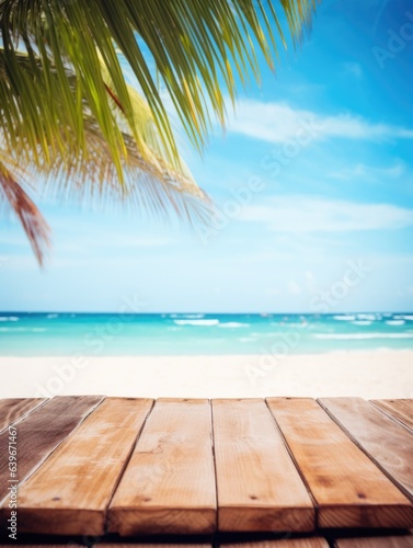 Wooden board on tropical beach. Sand and blue sky with cute palm leaf. Summer rest background