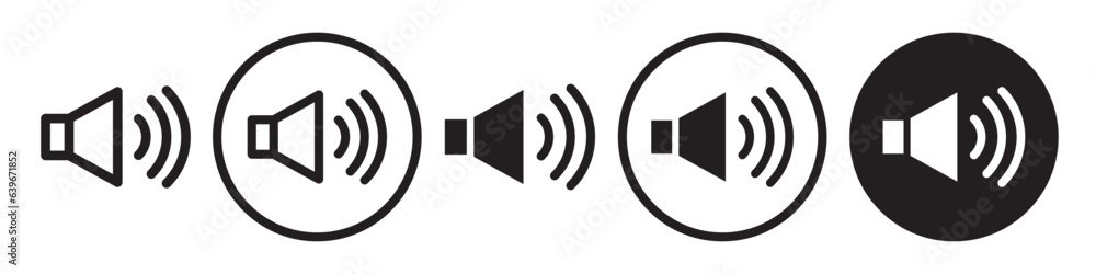 Audio Icon. Symbol of loud music or video player speaker. Flat outline of microphone volume noise while radio broadcasting media or speech. Vector set of sound amplifier horn alert web logo Audio Icon. Symbol of loud music or video player speaker. Flat outline of microphone volume noise while radio broadcasting media or speech. Vector set of sound amplifier horn alert web logo