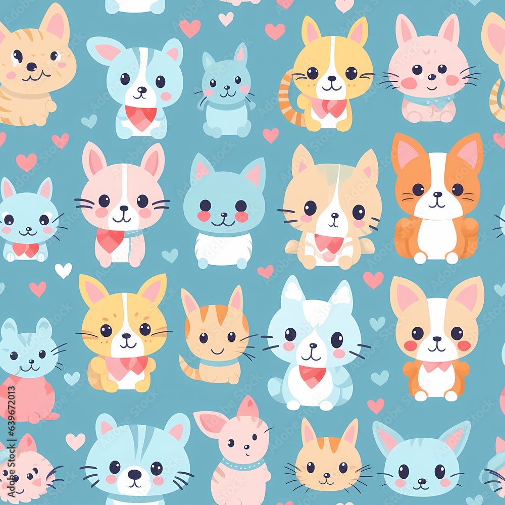 Seamless pattern with cute cartoon cats and dogs