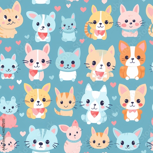Seamless pattern with cute cartoon cats and dogs