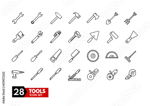 Tools, crafts, home improvement - icons set -  trowel, brush, hammer, axe, screwdriver, flat, chisel, carving, diy