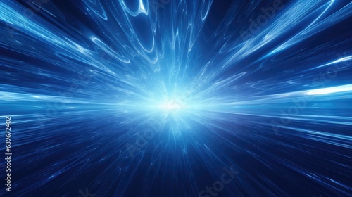 A 3D render of a hyperspace tunnel, filled with water and glowing blue light, spirals into infinity. Cosmic rays, vortex patterns, and nebula elements create a dark, fantastical universe